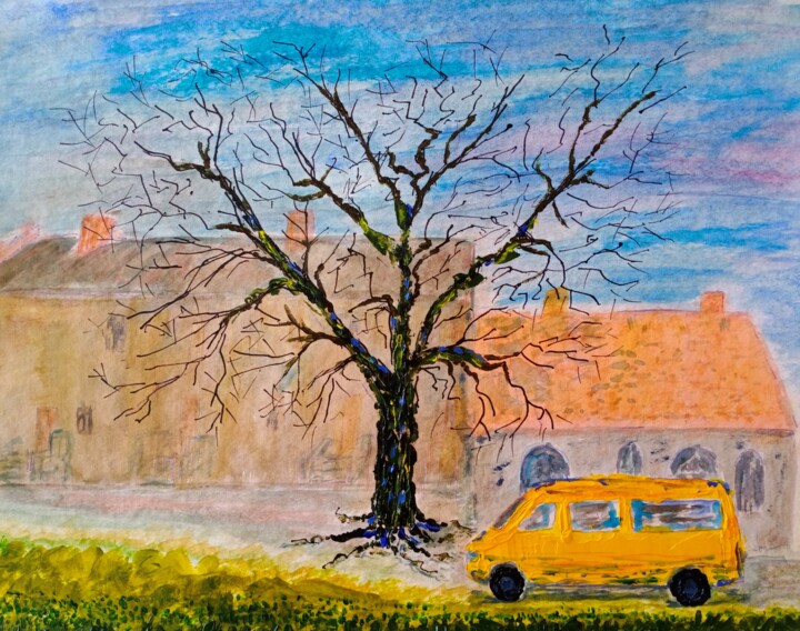 "Yellow bus and tree" başlıklı Tablo Victor Shefer tarafından, Orijinal sanat, Akrilik