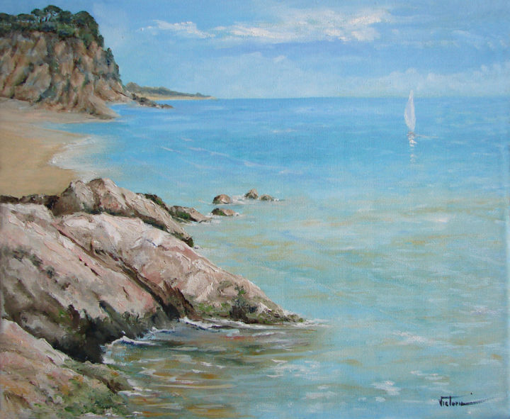 Pintura titulada "Oleo de una playa d…" por Victoria Aranyo, Obra de arte original, Oleo Montado en Bastidor de camilla de m…