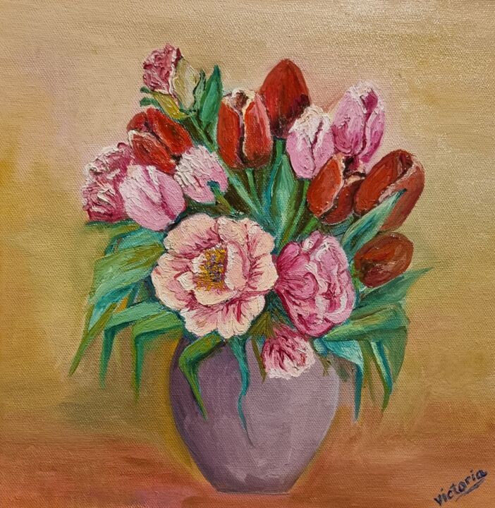 Painting titled "Tulips" by Victoria Art, Original Artwork, Oil