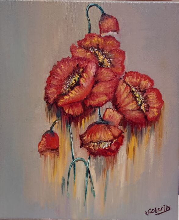 Painting titled "Flowers" by Victoria Art, Original Artwork, Oil Mounted on Wood Stretcher frame