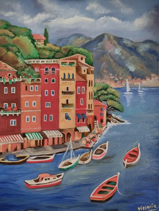 Painting titled "Portofino Italy" by Victoria Art, Original Artwork, Oil