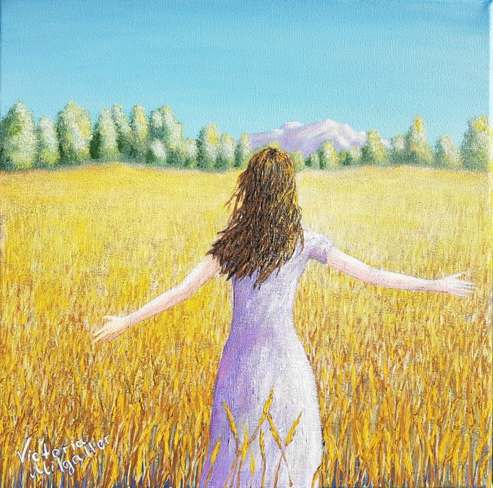 Painting titled "GOLDEN FIELD" by Victoria Milgalter, Original Artwork, Acrylic