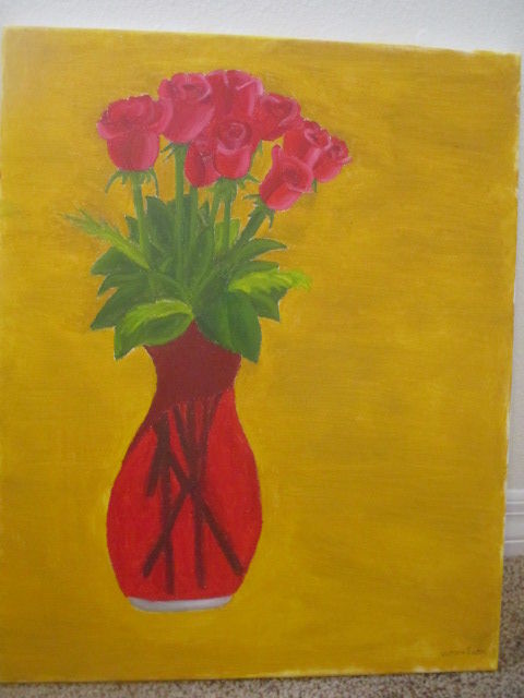 Painting titled "Crimson Roses" by Victoria Deaton, Original Artwork, Oil