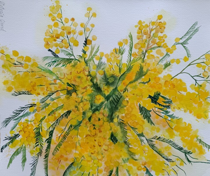 Painting titled "Mimosa" by Victoria Girerd, Original Artwork, Watercolor