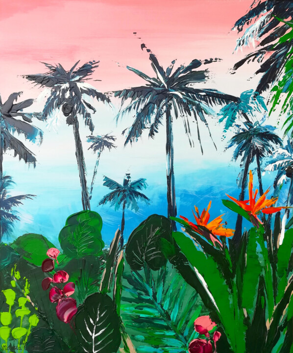 Painting titled "Paysage tropical" by Victoria Girerd, Original Artwork, Acrylic Mounted on Wood Stretcher frame