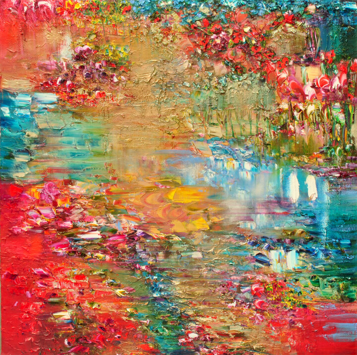 Painting titled "Poppy's Swim" by Victoria Horkan, Original Artwork, Oil Mounted on Wood Stretcher frame