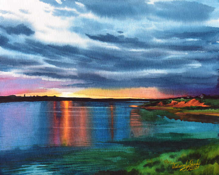 Painting titled "Sunset sky and water" by Victoria Lyashenko, Original Artwork, Watercolor