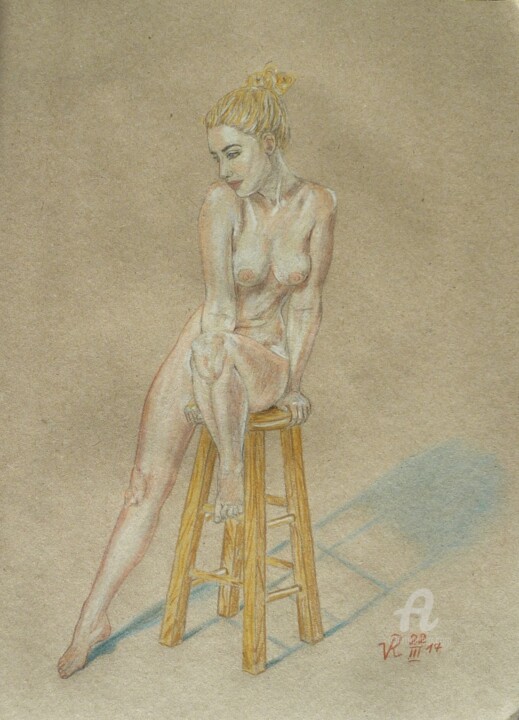 Drawing titled "Nackte Frau auf dem…" by Victoria Richters, Original Artwork, Conté