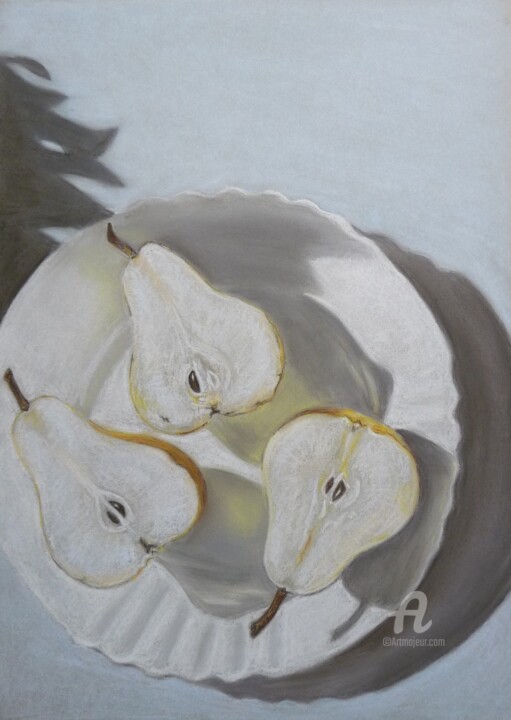 Zeichnungen mit dem Titel "Drei Birnen" von Victoria Richters, Original-Kunstwerk, Pastell