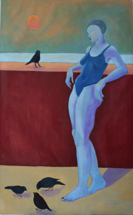 Painting titled "bather with black b…" by Victoria Sheridan, Original Artwork, Oil