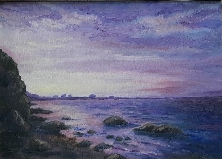 Painting titled "SUNSET OVER THE BAY" by Victoria Shevchenko, Original Artwork, Oil