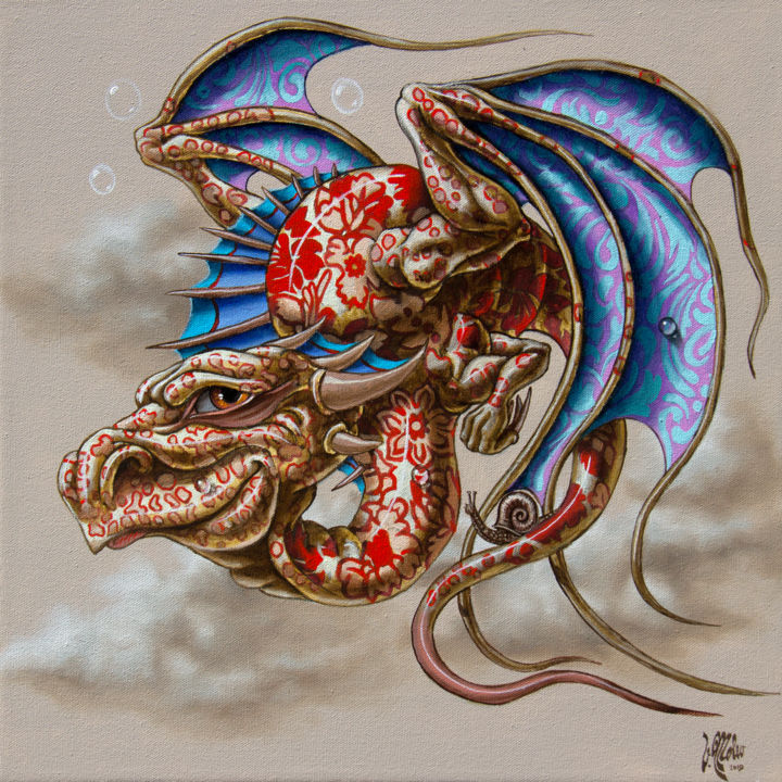 Painting titled "Dragon with a Snail" by Victor Molev, Original Artwork, Oil