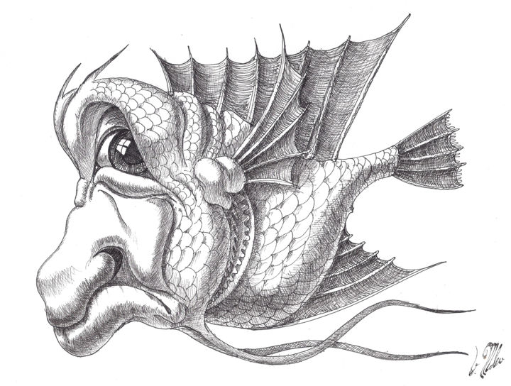 Desenho intitulada "Deep Sea Philosopher" por Victor Molev, Obras de arte originais, Tinta