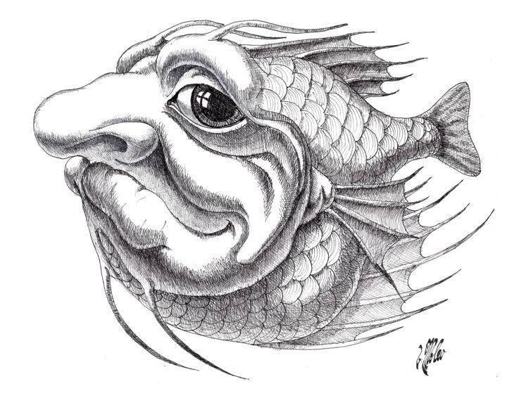 Dibujo titulada "Informed Fish." por Victor Molev, Obra de arte original, Tinta
