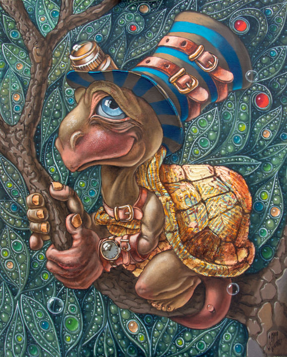 Peinture intitulée "Tree Dwelling Turtle" par Victor Molev, Œuvre d'art originale, Huile