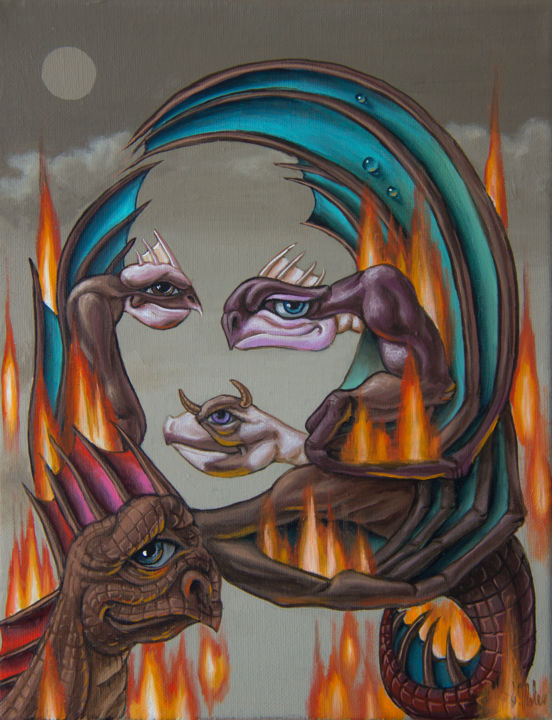 Peinture intitulée "Flaming Dragons" par Victor Molev, Œuvre d'art originale, Huile