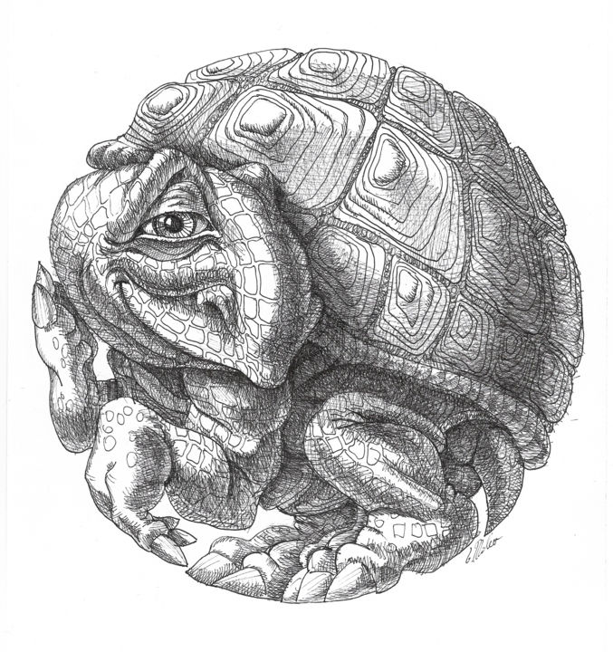 Drawing titled "Little round turtle" by Victor Molev, Original Artwork, Ink