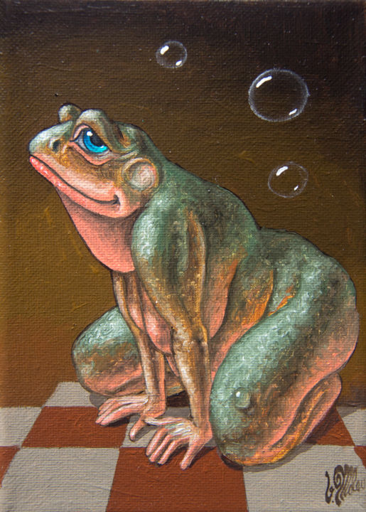 Painting titled "The Little  Frog" by Victor Molev, Original Artwork, Oil Mounted on Wood Stretcher frame