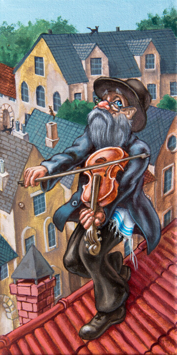 Картина под названием "Fiddler on the roof…" - Victor Molev, Подлинное произведение искусства, Масло Установлен на Деревянна…
