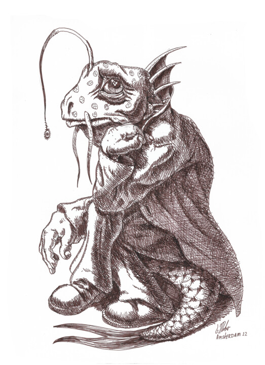 Drawing titled "Sad fish" by Victor Molev, Original Artwork, Ink