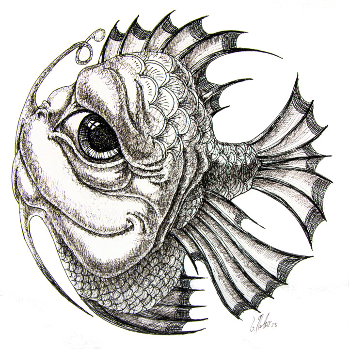 Tekening getiteld "Small angler fish" door Victor Molev, Origineel Kunstwerk, Inkt