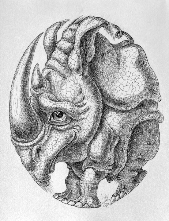 Tekening getiteld "Oval Rhinoceros" door Victor Molev, Origineel Kunstwerk, Inkt