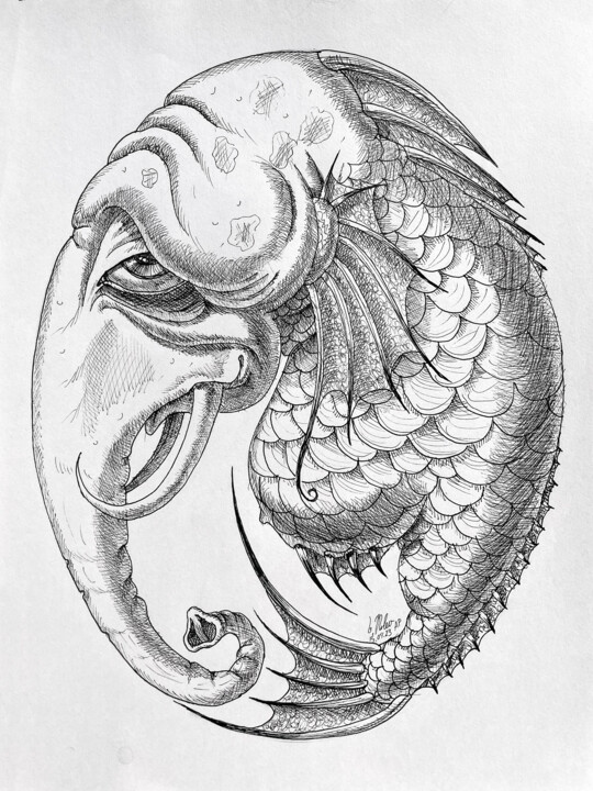 Drawing titled "River Elephant" by Victor Molev, Original Artwork, Ink