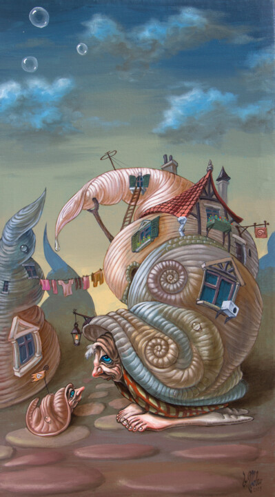 Painting titled "Snails" by Victor Molev, Original Artwork, Oil Mounted on Wood Stretcher frame