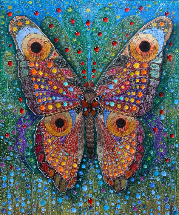 Painting titled "Village Butterfly A…" by Victor Molev, Original Artwork, Oil Mounted on Wood Stretcher frame