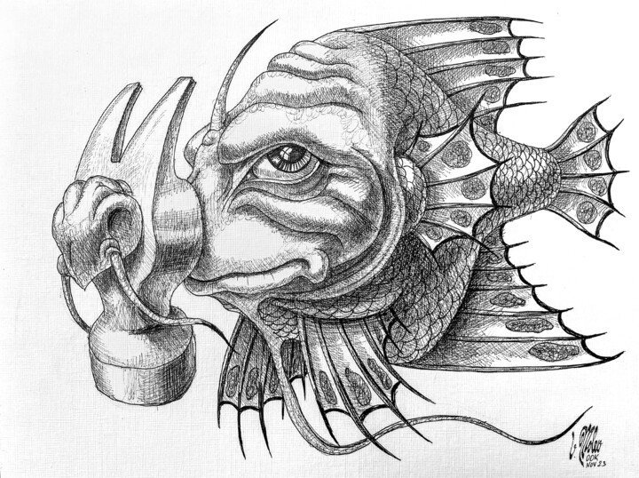 Drawing titled "Small-Hammer Fish" by Victor Molev, Original Artwork, Ink