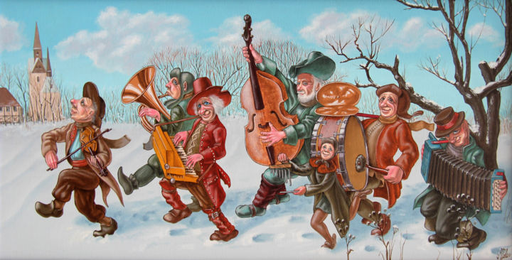 Painting titled "Walking Musicians" by Victor Molev, Original Artwork, Oil Mounted on Wood Stretcher frame