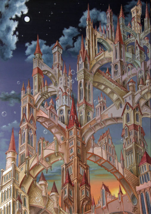 Peinture intitulée "City of wandering t…" par Victor Molev, Œuvre d'art originale, Huile