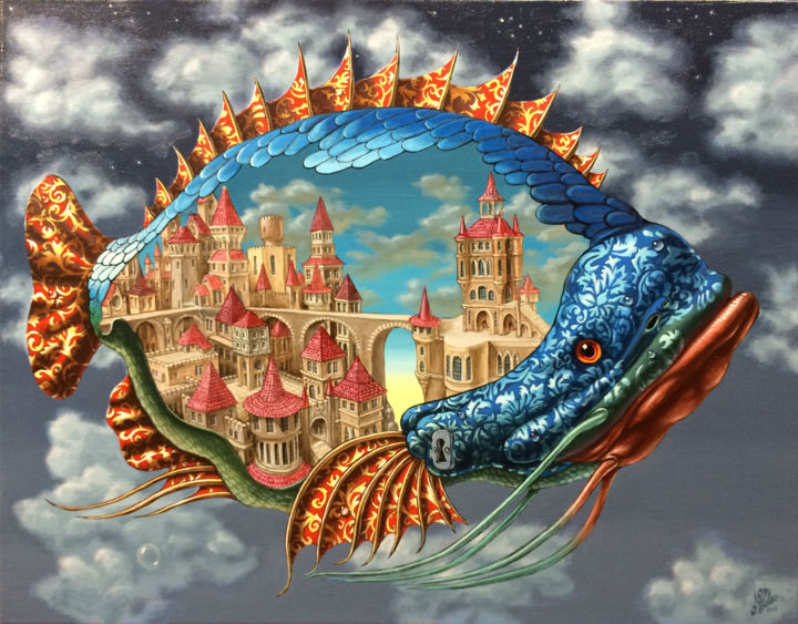 Peinture intitulée "Habitable Fish" par Victor Molev, Œuvre d'art originale, Huile Monté sur Châssis en bois