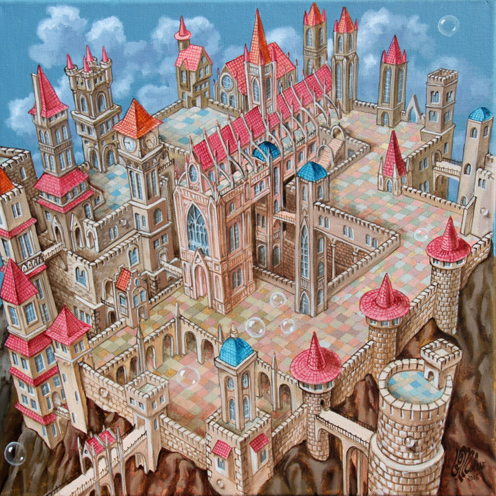 Painting titled "MC Escher City" by Victor Molev, Original Artwork, Oil