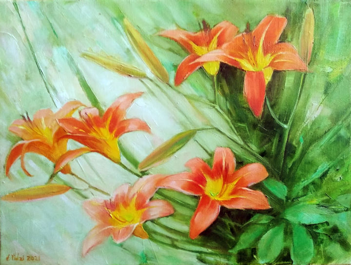 제목이 "Blooming daylily"인 미술작품 Nataliia Vidzivats로, 원작, 기름 나무 들것 프레임에 장착됨