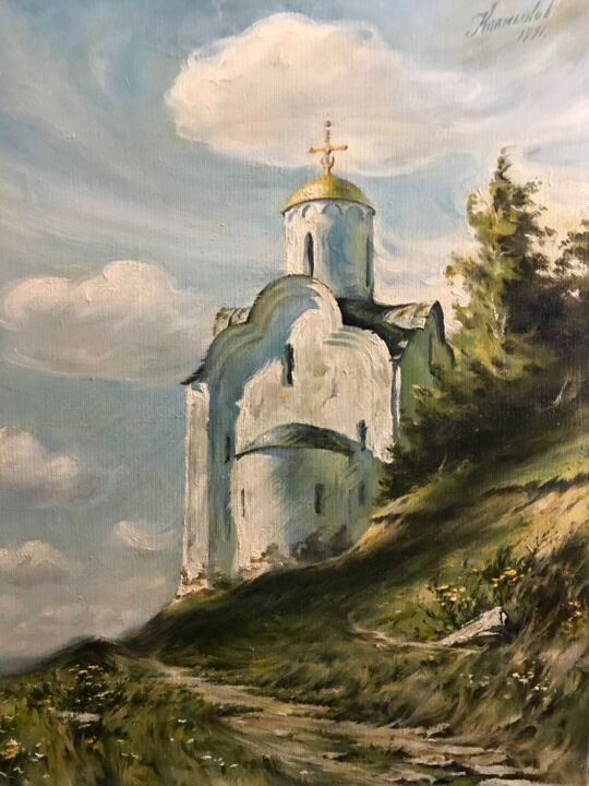Картина под названием "Россия( Церковь на…" - Viktor Kalmykov, Подлинное произведение искусства, Масло