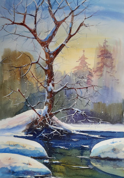 Painting titled "Tree in snow" by Viktor Kovalev, Original Artwork, Watercolor
