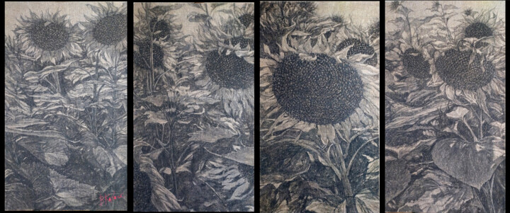 Schilderij getiteld "Sonnenblumen" door Viktor Kovalyk, Origineel Kunstwerk, Aquarel Gemonteerd op Houten paneel
