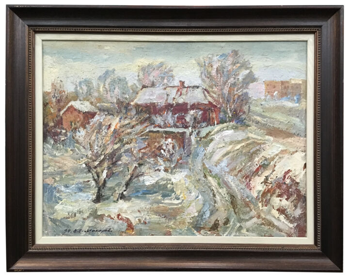 Painting titled "Winter landscape, o…" by Viktor Makarov, Original Artwork, Oil Mounted on Wood Stretcher frame