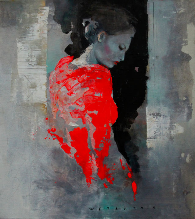 Картина под названием "Girl in scarlet" - Viktor Sheleg, Подлинное произведение искусства, Акрил