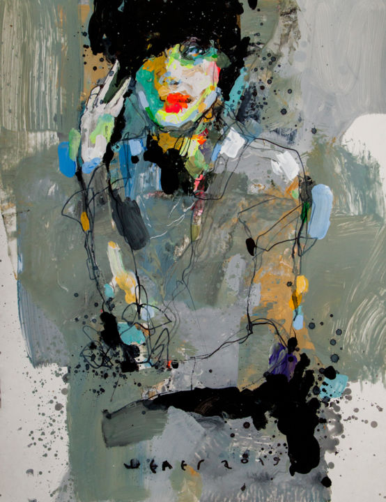 Картина под названием "Girl fixing hair" - Viktor Sheleg, Подлинное произведение искусства, Акрил