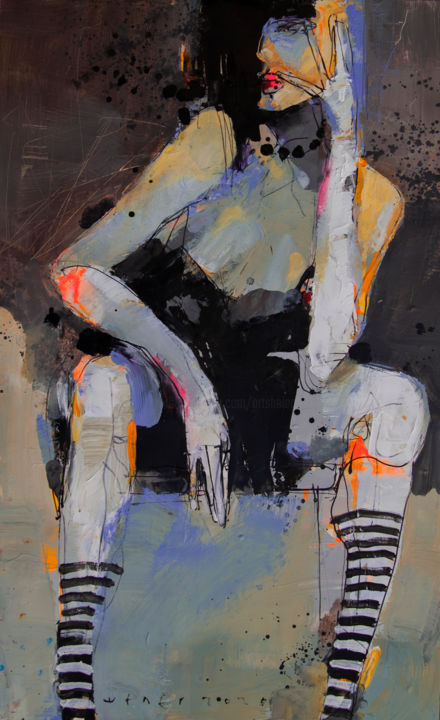 Schilderij getiteld "Striped leg warmers" door Viktor Sheleg, Origineel Kunstwerk, Olie