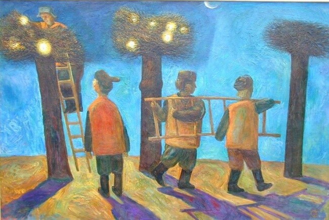 Peinture intitulée "Lamplighters (Фонар…" par Viktor Solodky, Œuvre d'art originale