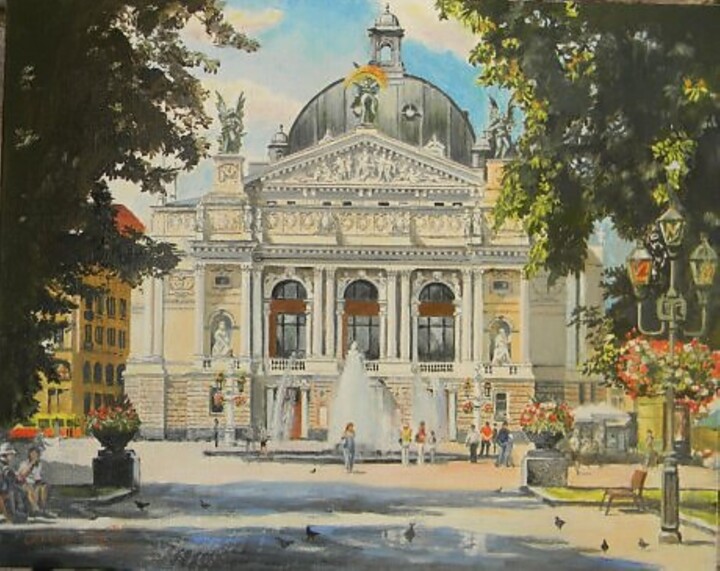 Картина под названием "Львовский Театр Опе…" - Виктор Сорока, Подлинное произведение искусства, Масло