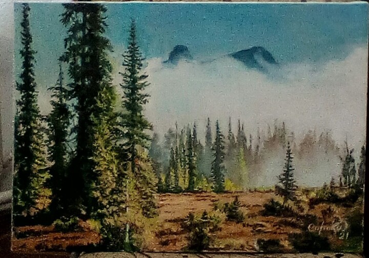 Картина под названием "Утренний туман в го…" - Виктор Сорока, Подлинное произведение искусства, Масло