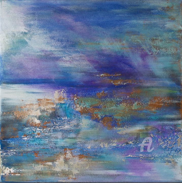 Painting titled "Abstract Silver Sea…" by Viktoria Ganhao, Original Artwork, Acrylic Mounted on Wood Stretcher frame