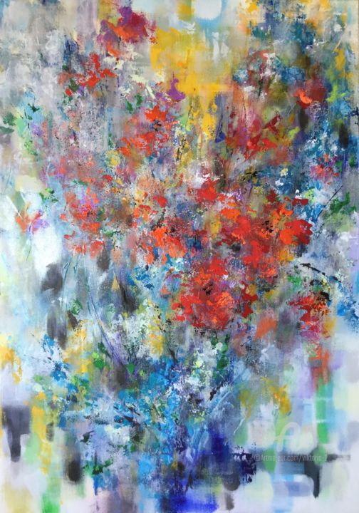 Painting titled "Floral" by Viktoria Ganhao, Original Artwork, Acrylic Mounted on Wood Stretcher frame