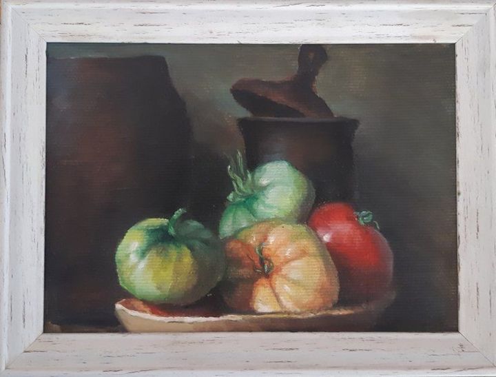 Painting titled "heirloom tomato sti…" by Déri Viktória, Original Art, Oil