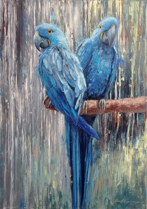 Painting titled ""Parrots" oil paint…" by Viktoriia Kerner, Original Artwork, Oil