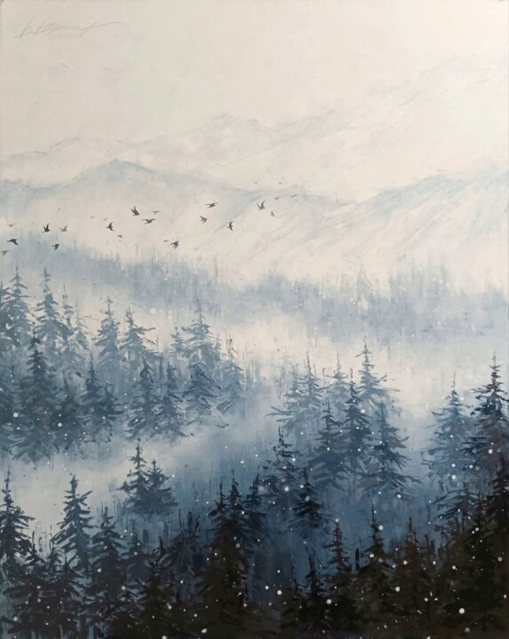 Painting titled ""First snow" oil pa…" by Viktoriia Kerner, Original Artwork, Oil Mounted on Wood Stretcher frame